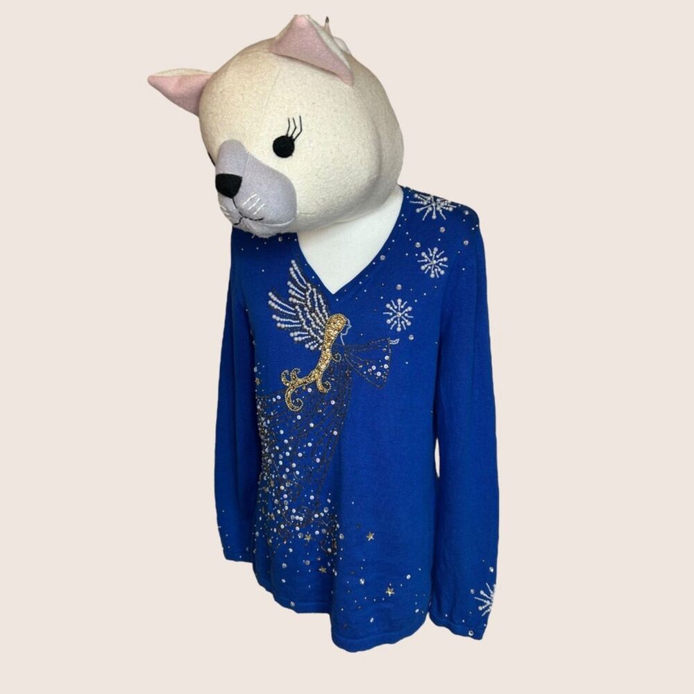 😇 VTG BEREK BLUE ANGEL BEADED UGLY CHRISTMAS LIGHTWEIGHT SWEATER MEDIUM